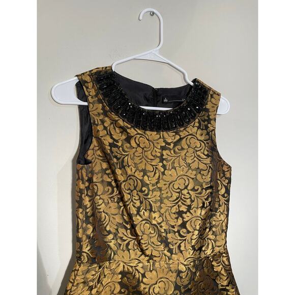 Chetta B Gold Floral Brocade Fit and Flare Beaded High Neck Dress - Picture 2 of 11